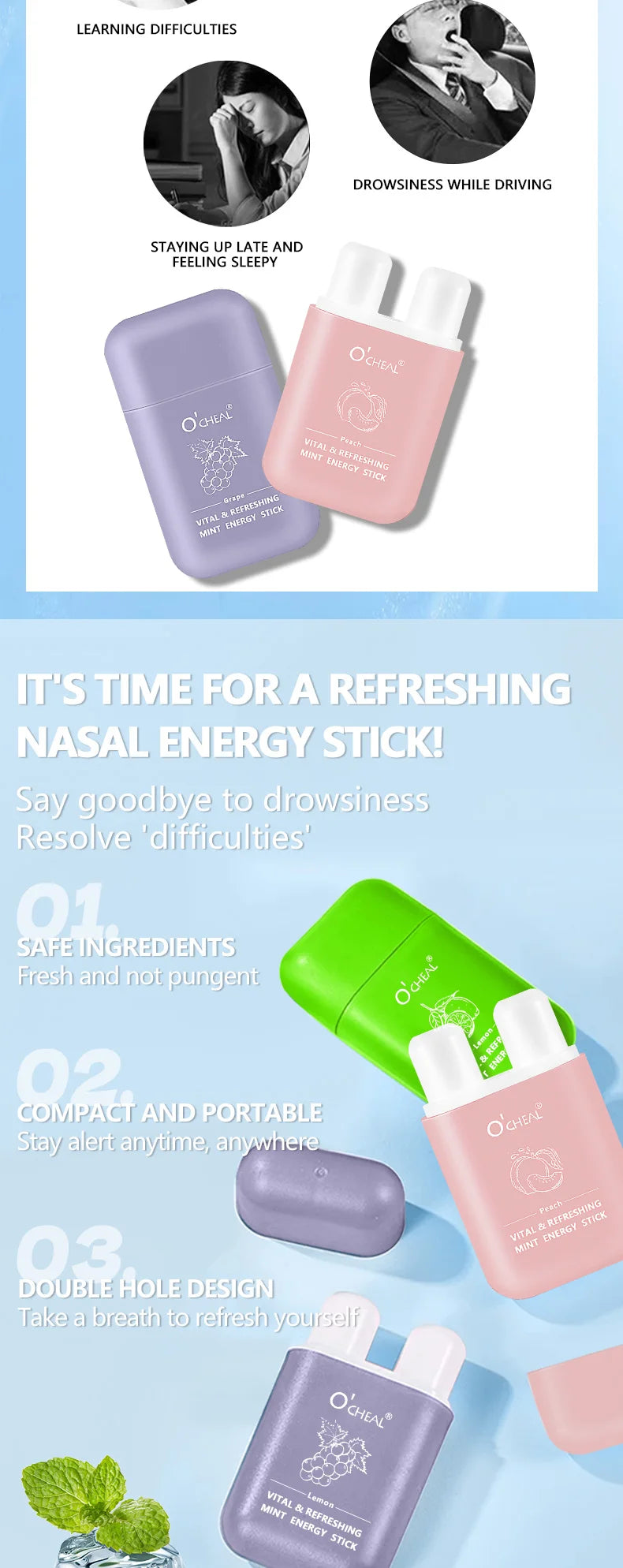 O'cheal Energy Stick Double Hole Energizing Energy Bar Fresh Mint Scent Refreshing Fatigue Relief Inhaler Energy Vapors Stick