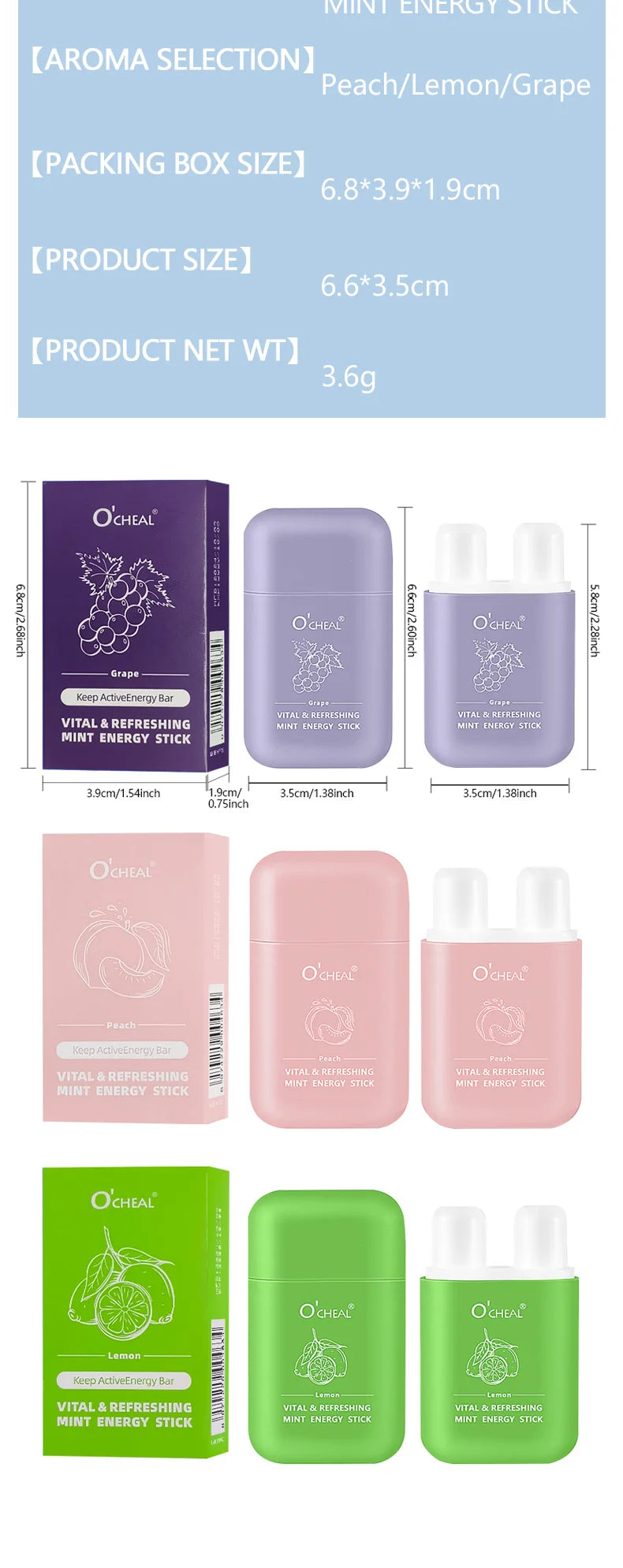 O'cheal Energy Stick Double Hole Energizing Energy Bar Fresh Mint Scent Refreshing Fatigue Relief Inhaler Energy Vapors Stick