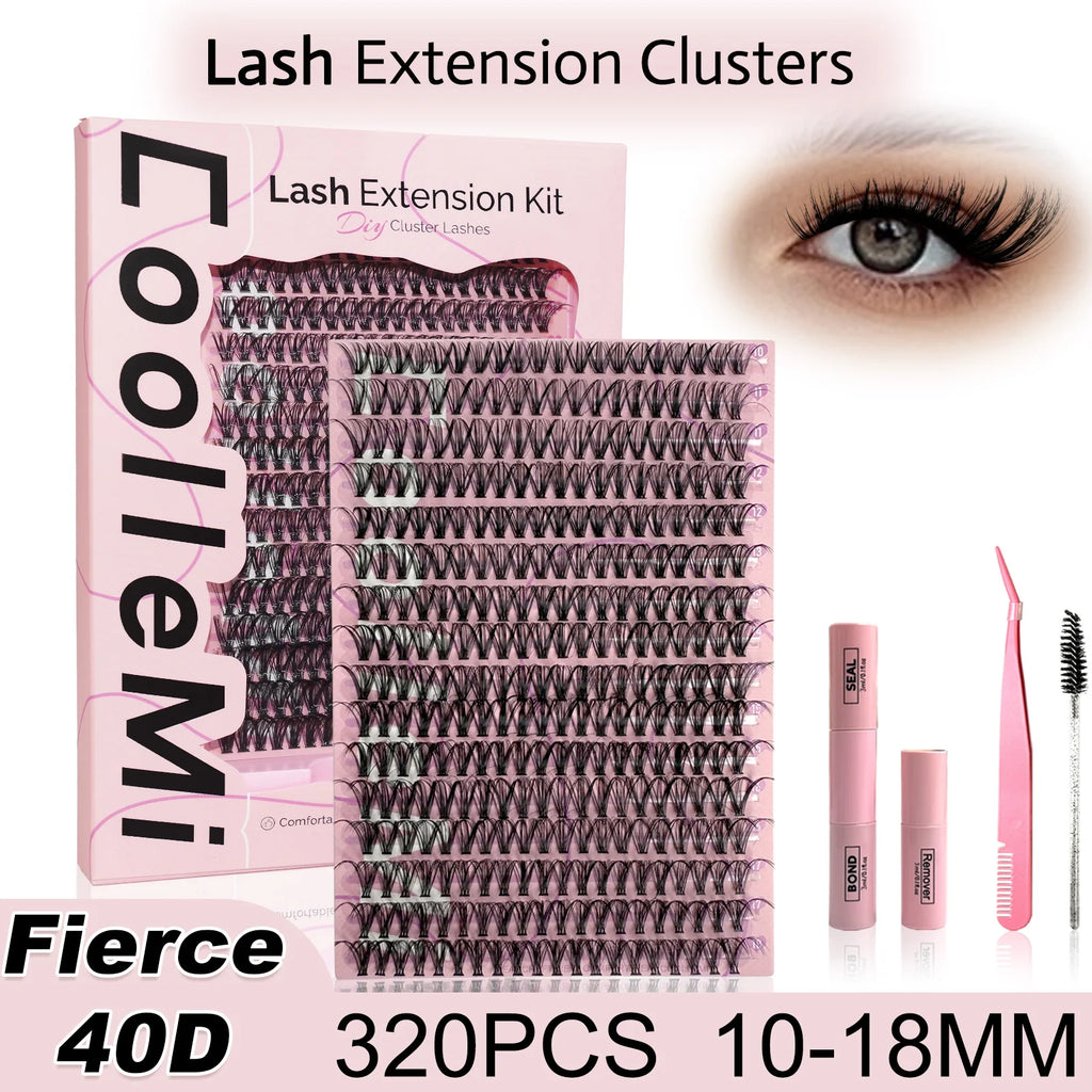 320PCS DIY Lash Kit Fierce 40D | D Curl Dense Manga Clusters 10-18mm | Ultra-Thin Band Individual Cluster Lashes with Bond Seal | Comfortable Home Self-Application Set
