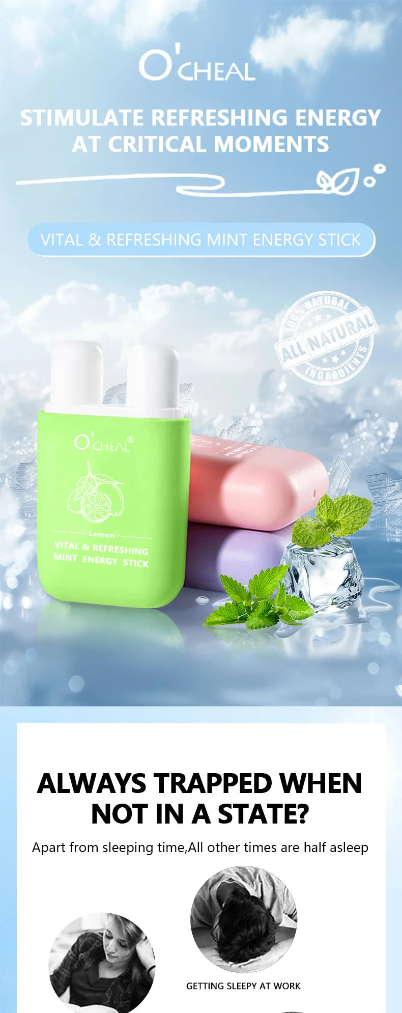O'cheal Energy Stick Double Hole Energizing Energy Bar Fresh Mint Scent Refreshing Fatigue Relief Inhaler Energy Vapors Stick