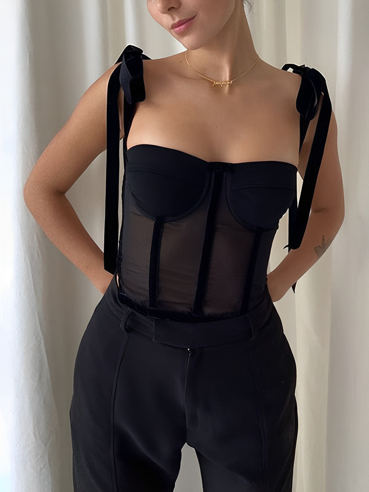 Updated | Sheer Mesh Tie-Front Crop Top – Light Support