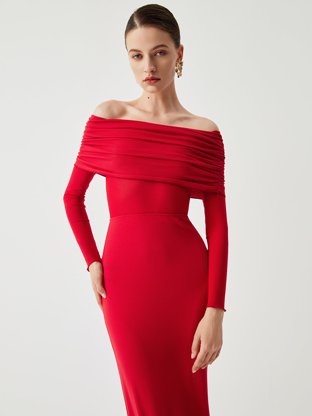 Semi-Sheer Off-Shoulder Mesh Long Sleeve Long Dress