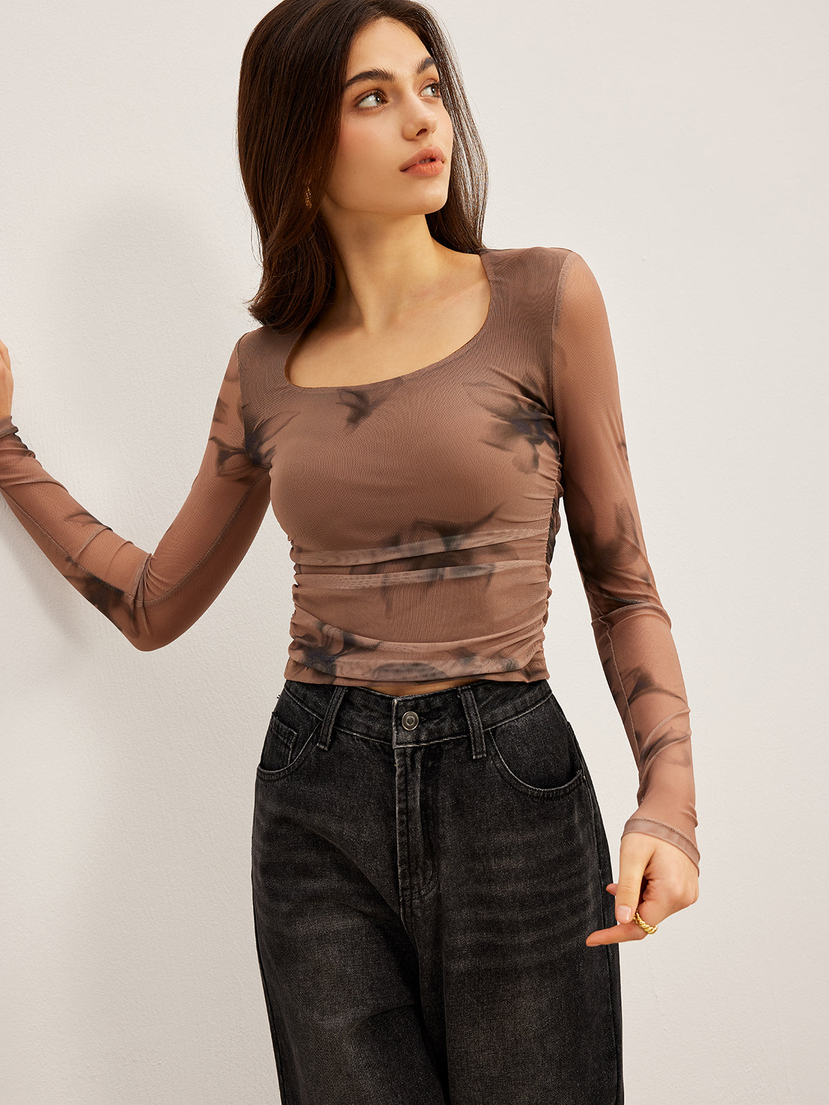 Tie Dye Floral Printed Mesh T-Shirt