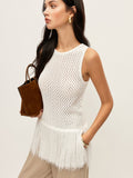 Semi-Sheer Knit Vest With Fringe Hem