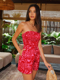 Strapless Print Jumpsuit With Waist Tie