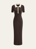 Contrast Collar Cable-Knit Midi Dress