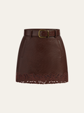 Jacquard Trim PU Leather Mini Skirt with Belt