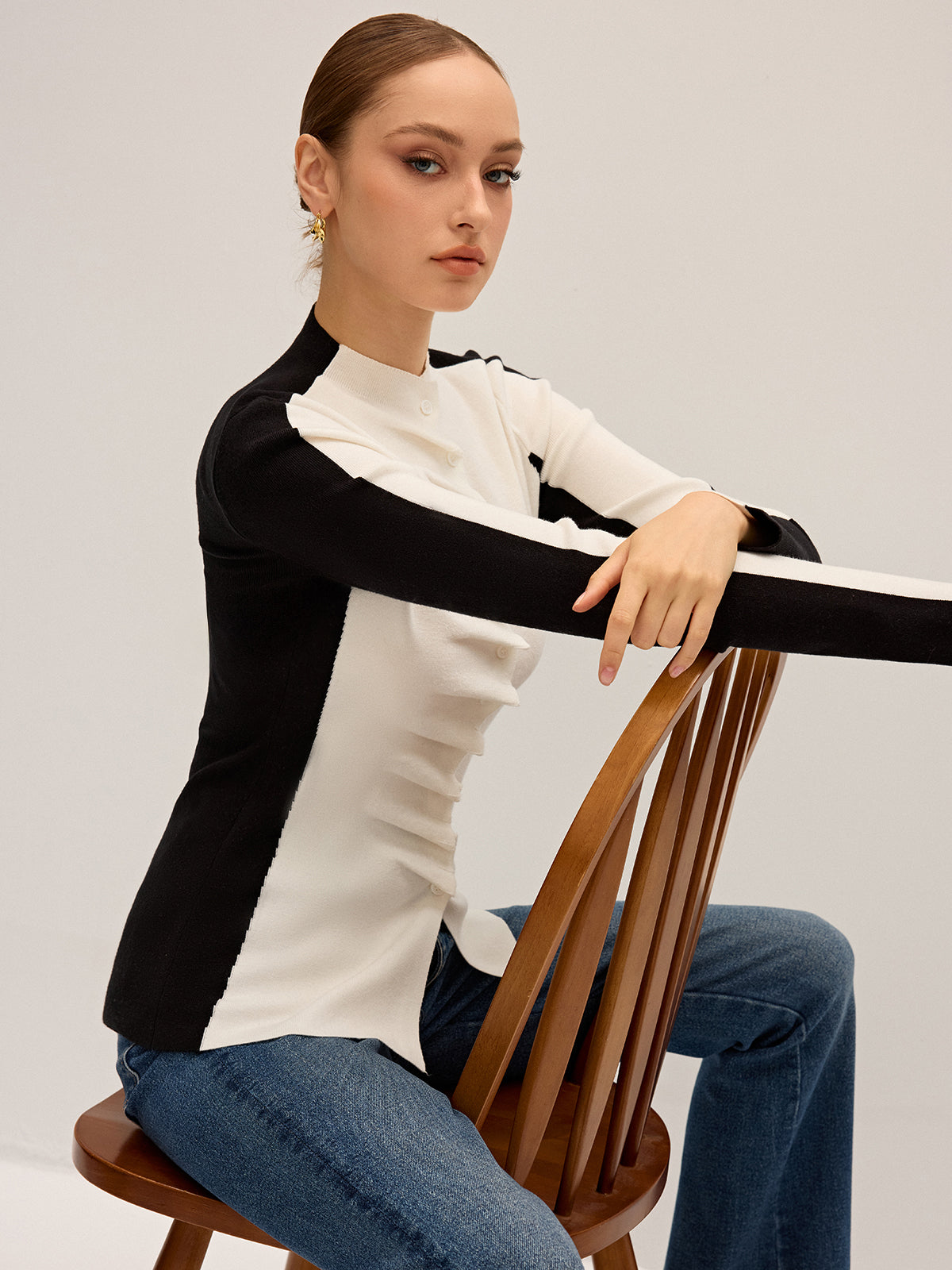 Ruffle Button Fitted Knit Top