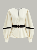 Contrast Belted Balloon Sleeve Shirt