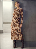 Abstract Print Twisted Mesh Midi Dress