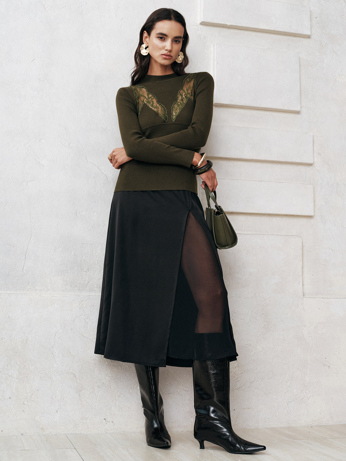 Sheer Slit Midi Skirt without Belt