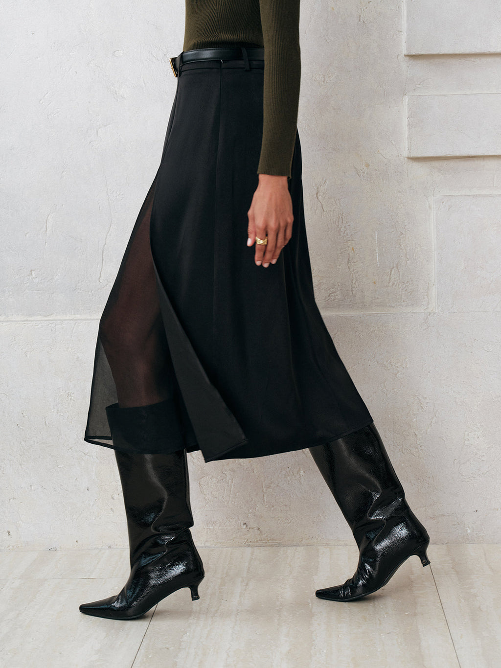 Sheer Slit Midi Skirt without Belt
