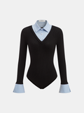 2 in 1 Striped Shirt Panel Ribbed Bodysuit