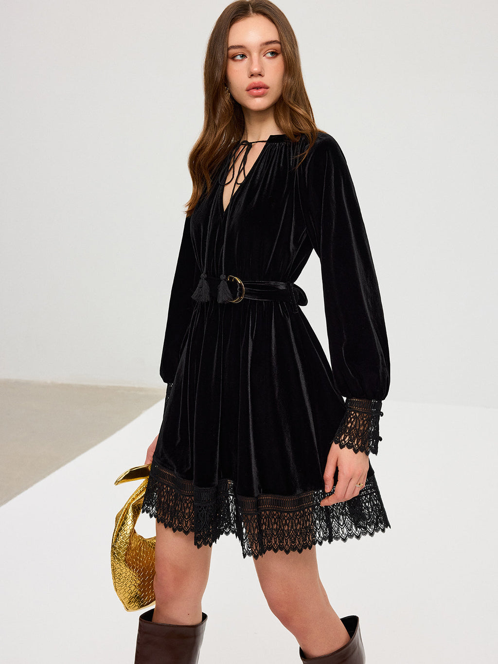 Velvet Belted Lace Trim Mini Dress