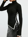 Turtleneck Contrast Trim Slit Wool Blend Knit Top