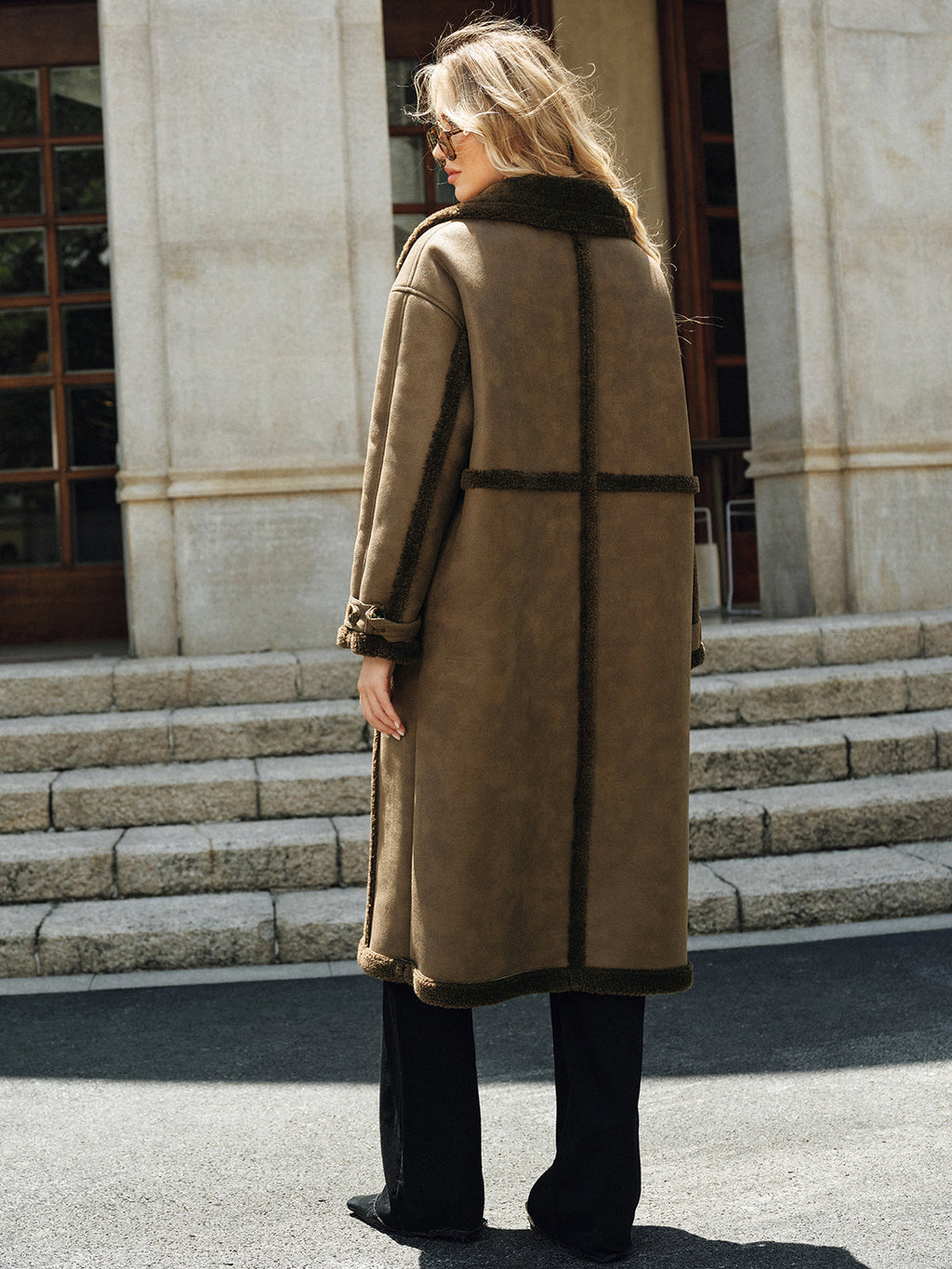 Double-Breasted Fleece Lined Faux Leather Longline Coat