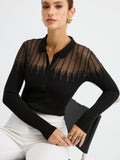 Glitter Detail Sheer Panel  Polo Knit Top