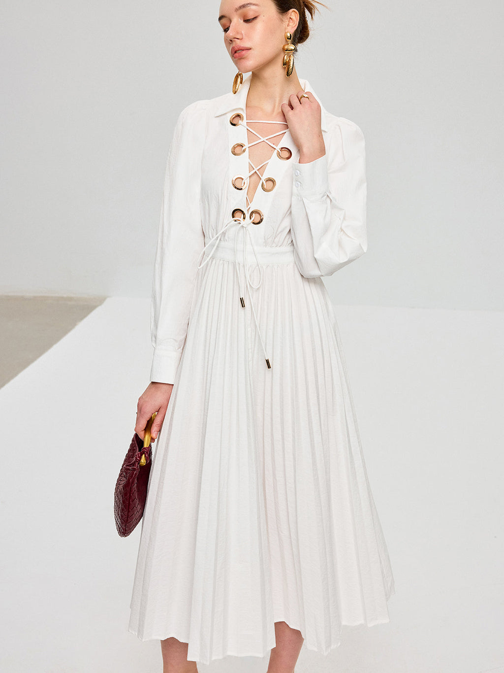 Lace-Up Pleated Midi Dress