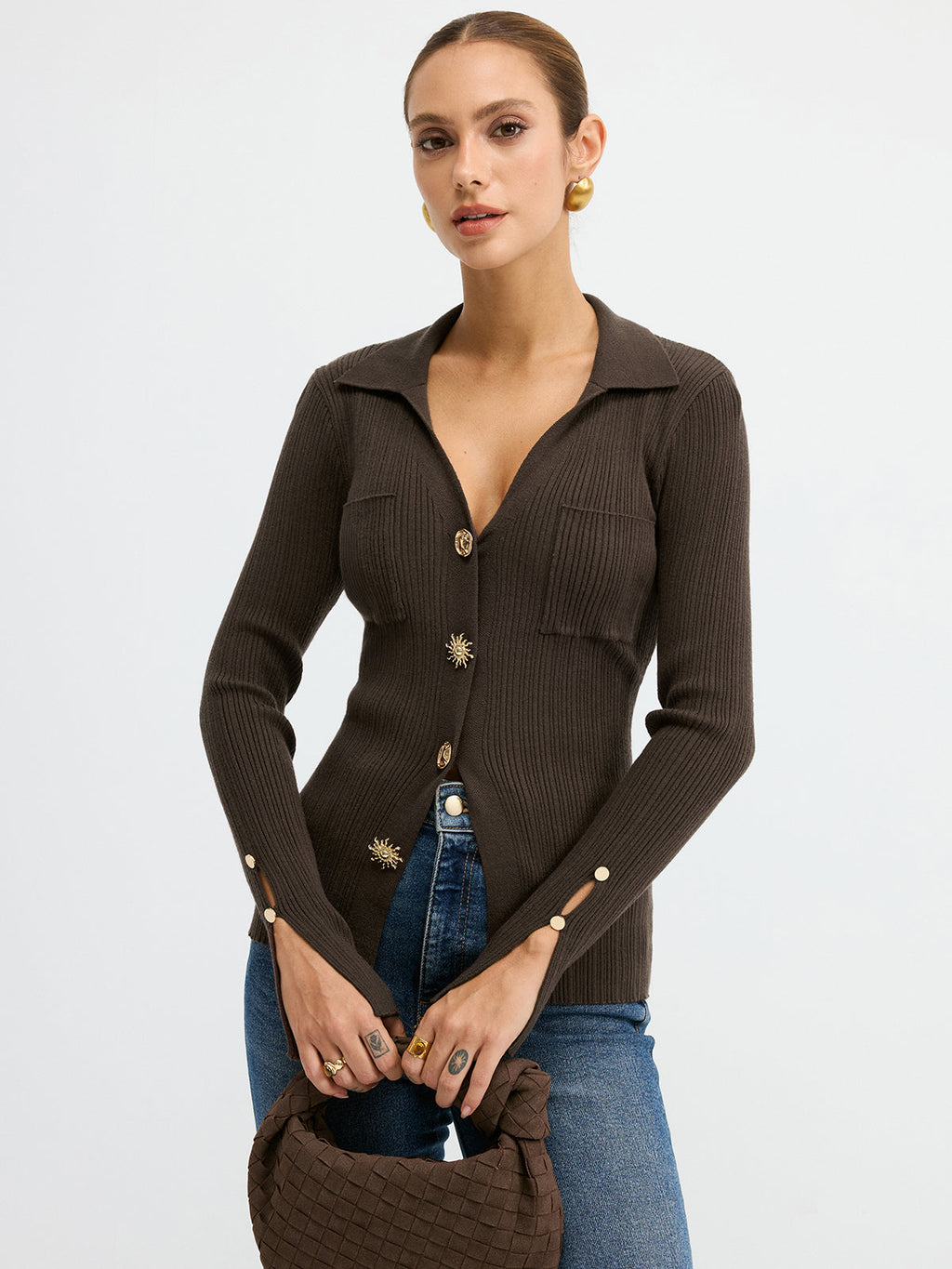 Polo Neck Ribbed Knit Top