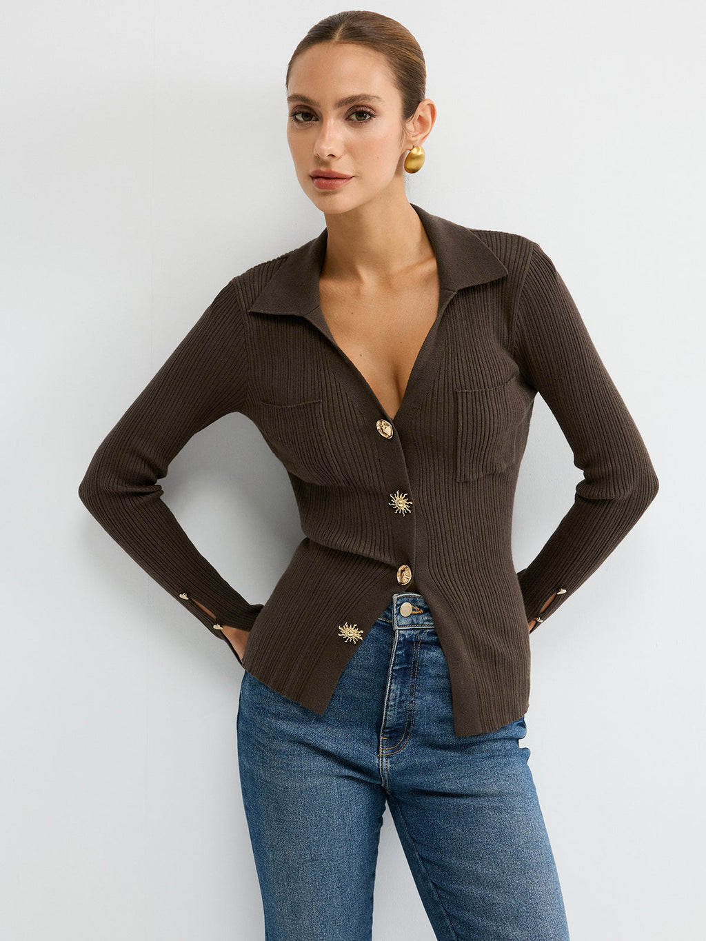 Polo Neck Ribbed Knit Top