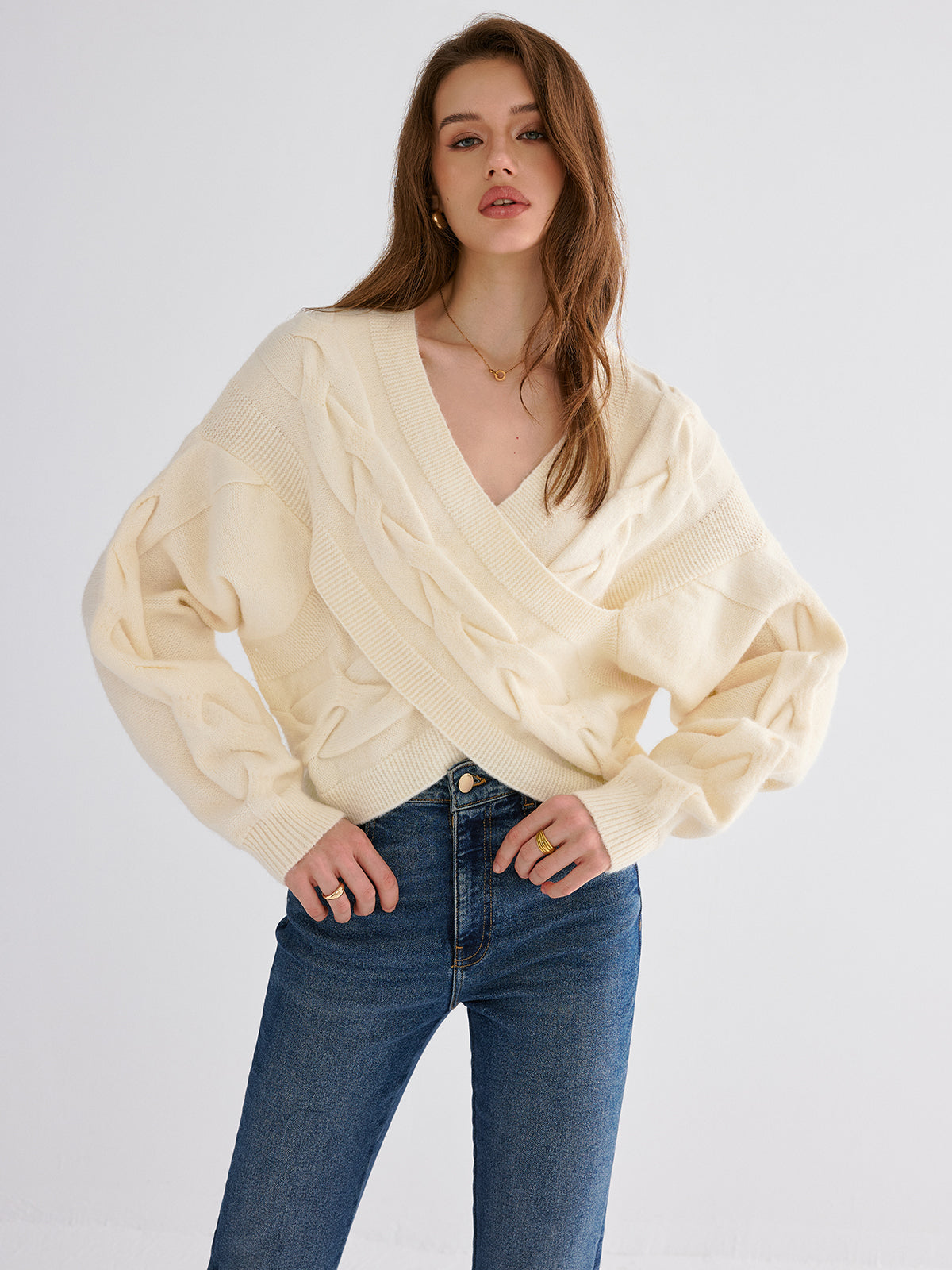 Cable Knit Cross-Front V-Neck Sweater