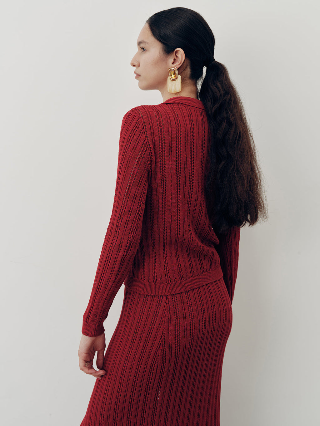 Collared Knit Top and Slit Skirt Set