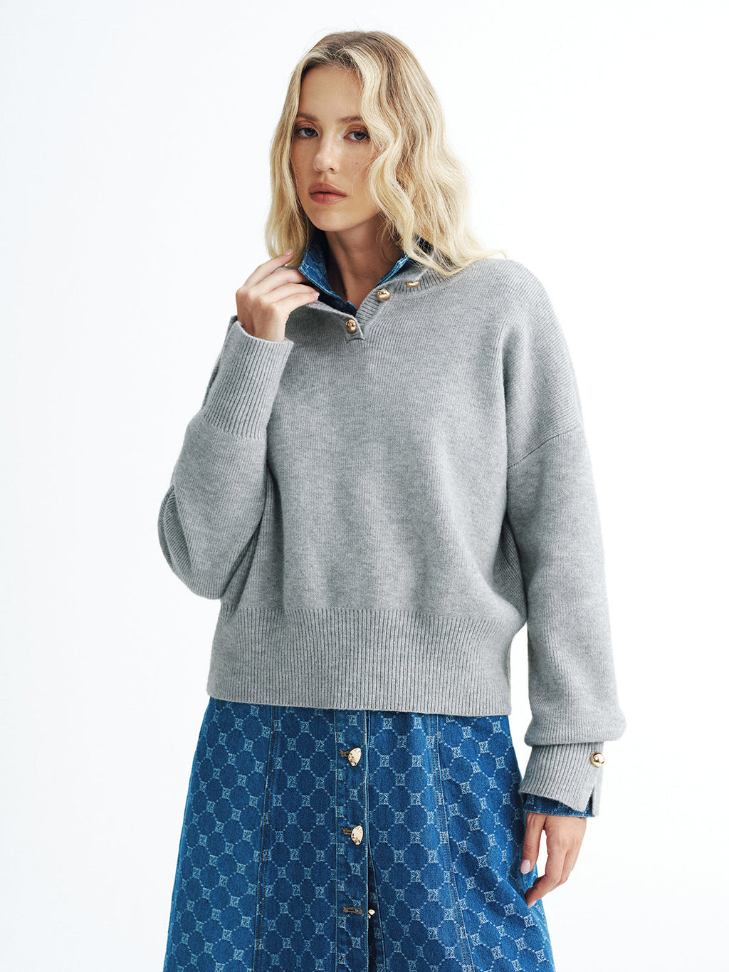 Button Detail Stand Collar Casual Sweater