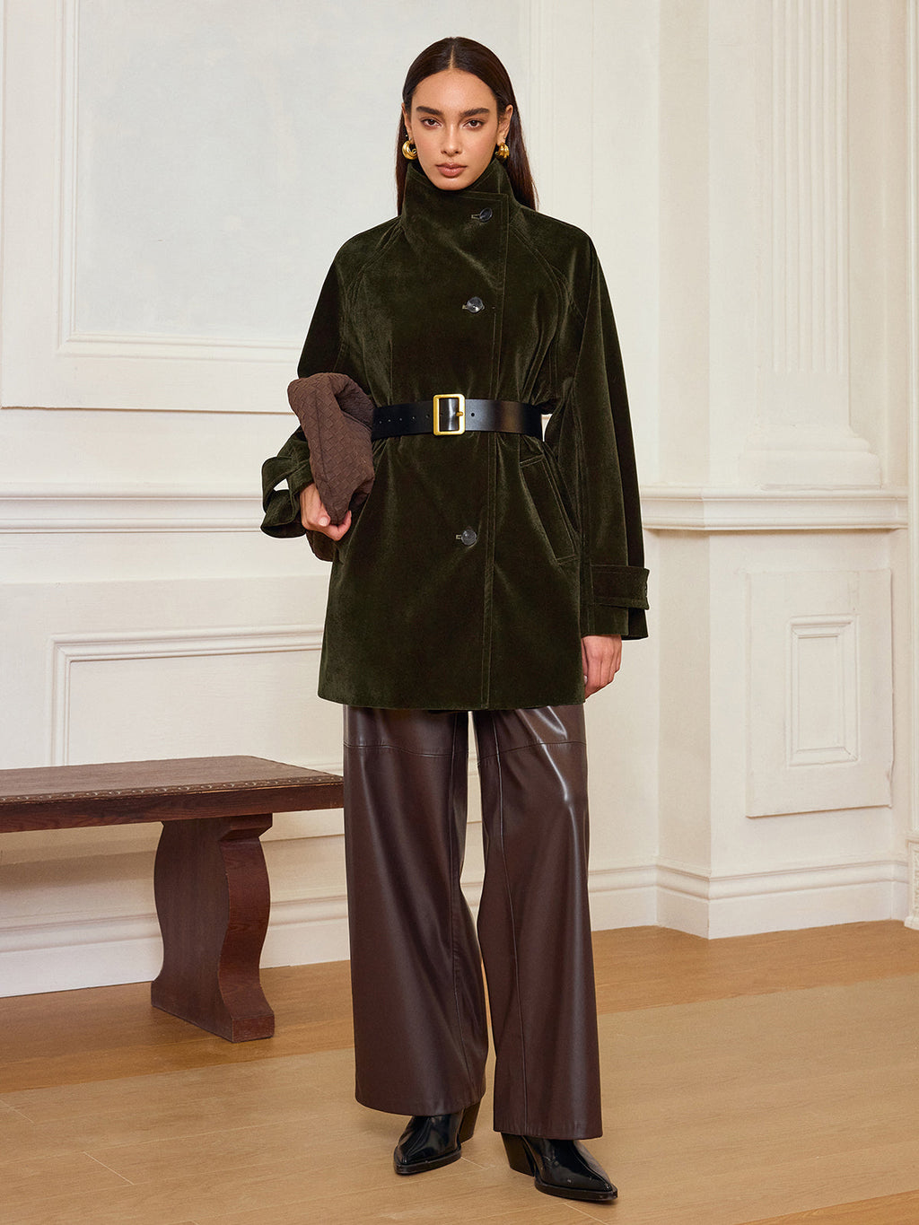 Pocketed Velvet Coat without Belt