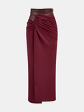 Faux Leather Panel Ruched Midi Skirt