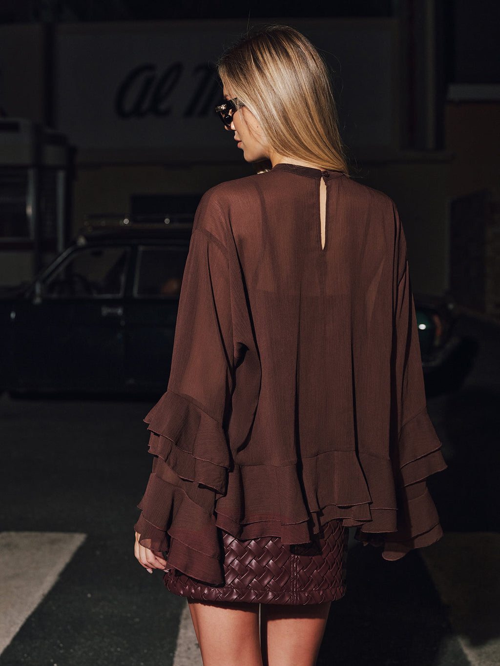 Tiered Ruffle Semi-Sheer Chiffon Blouse With Cami Liner