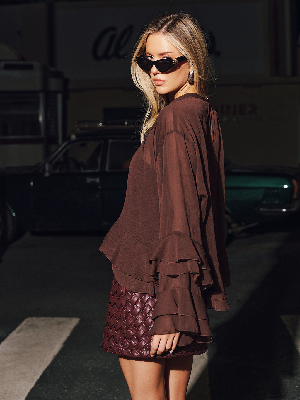 Tiered Ruffle Semi-Sheer Chiffon Blouse With Cami Liner