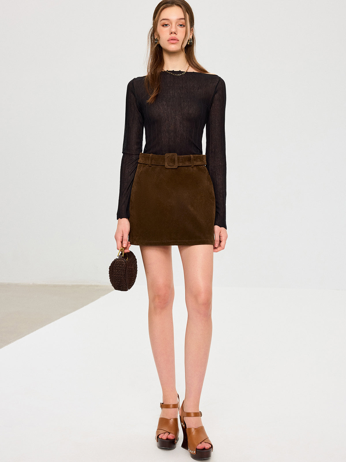 Belted Suede Effect Mini Skirt