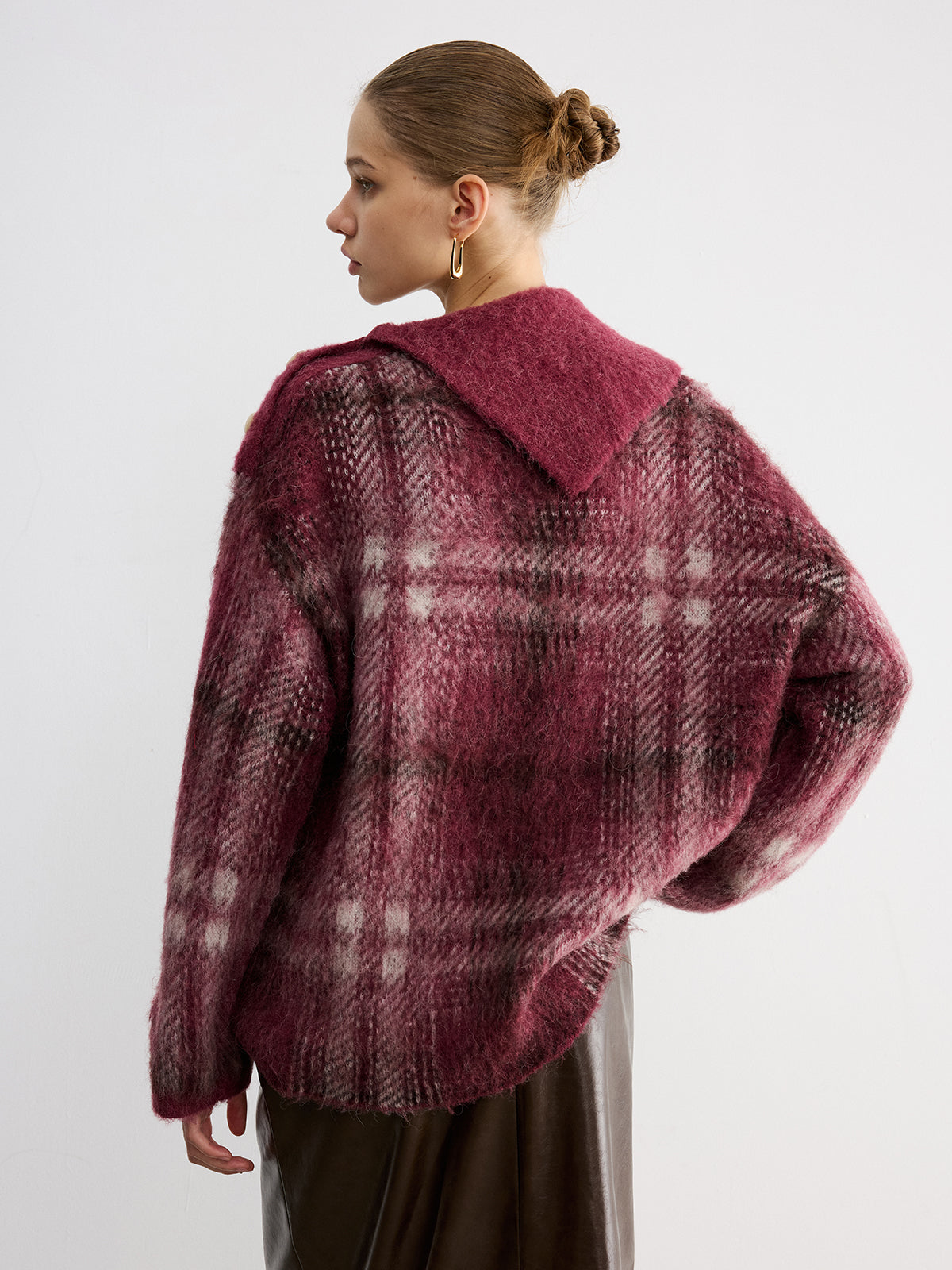 Wool Blend Plaid Asymmetric Collar Buttoned Sweater