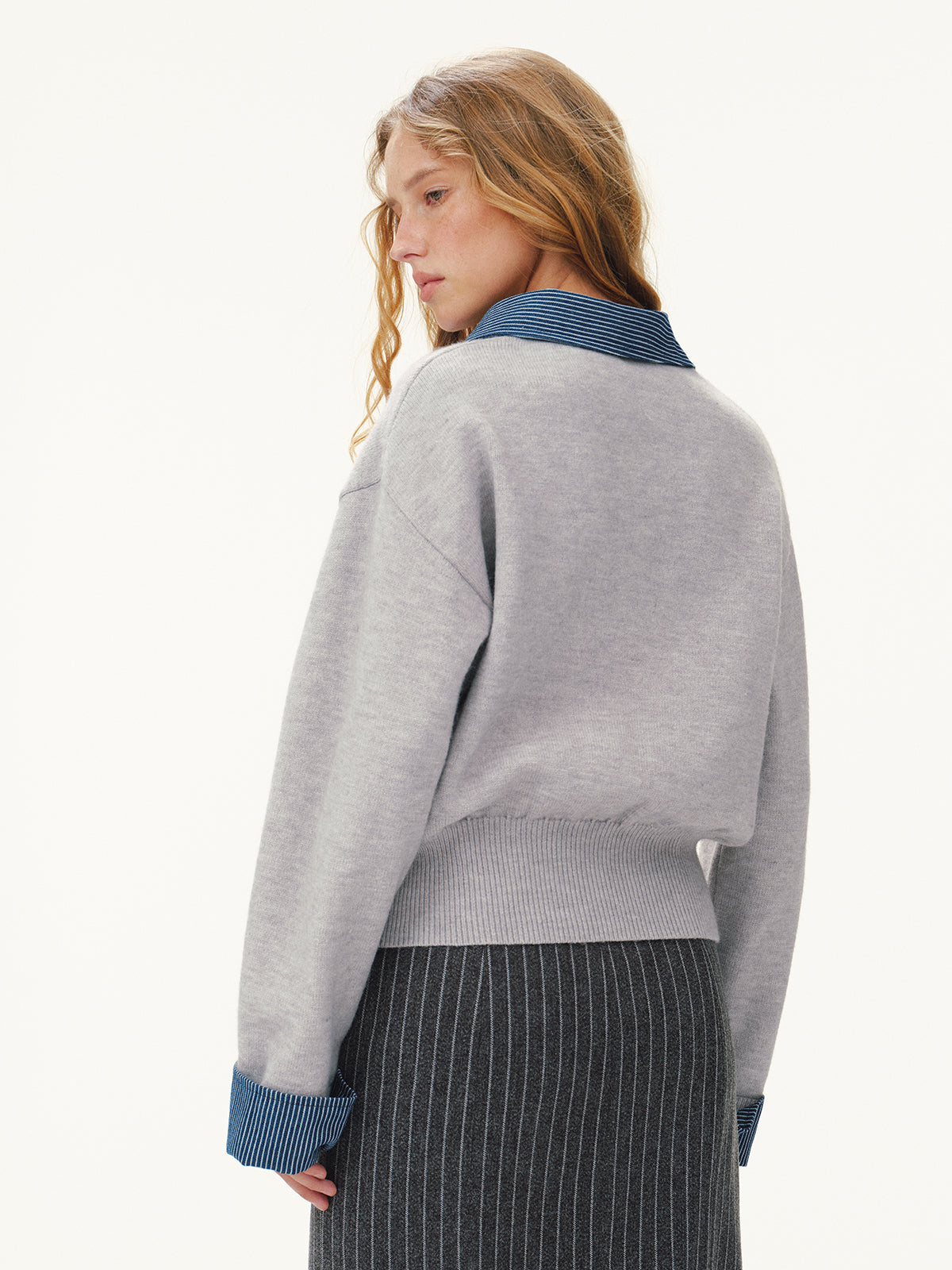 Striped Denim Panel Polo Sweater