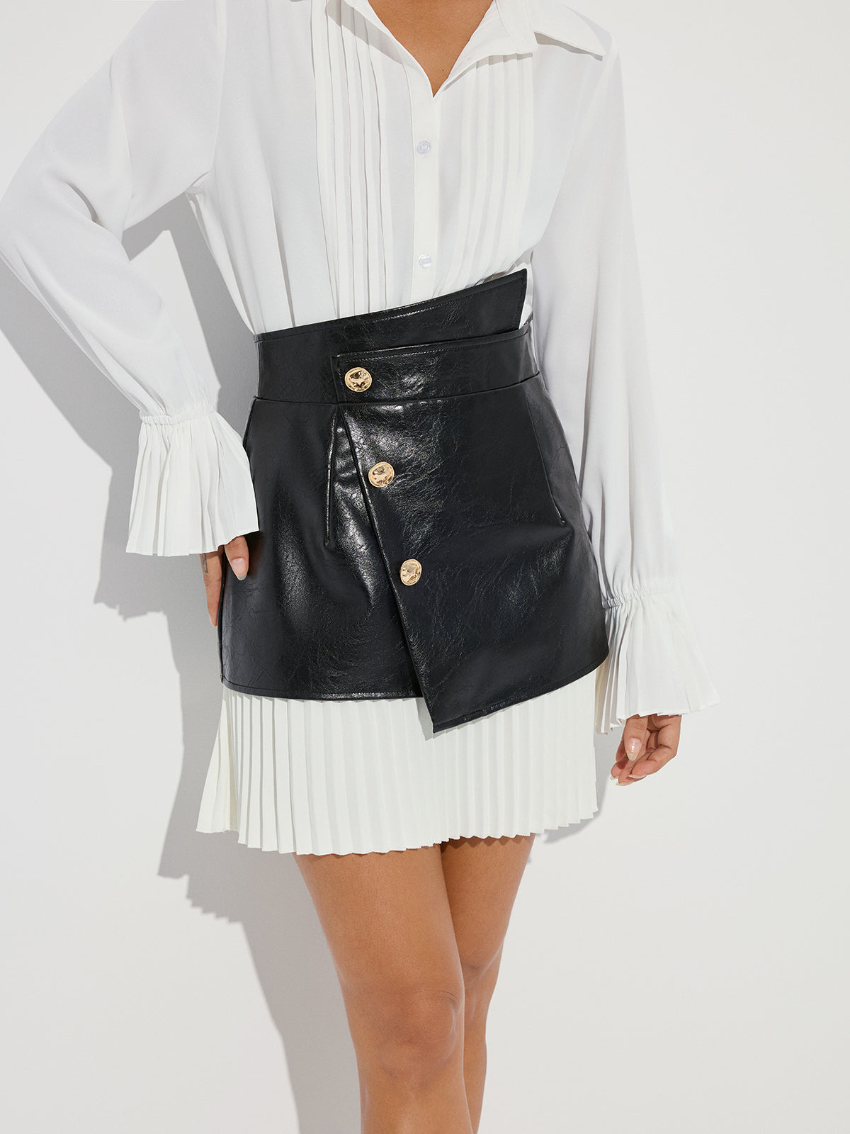 Pleated Panel Faux Leather Asymmetric Mini Skirt