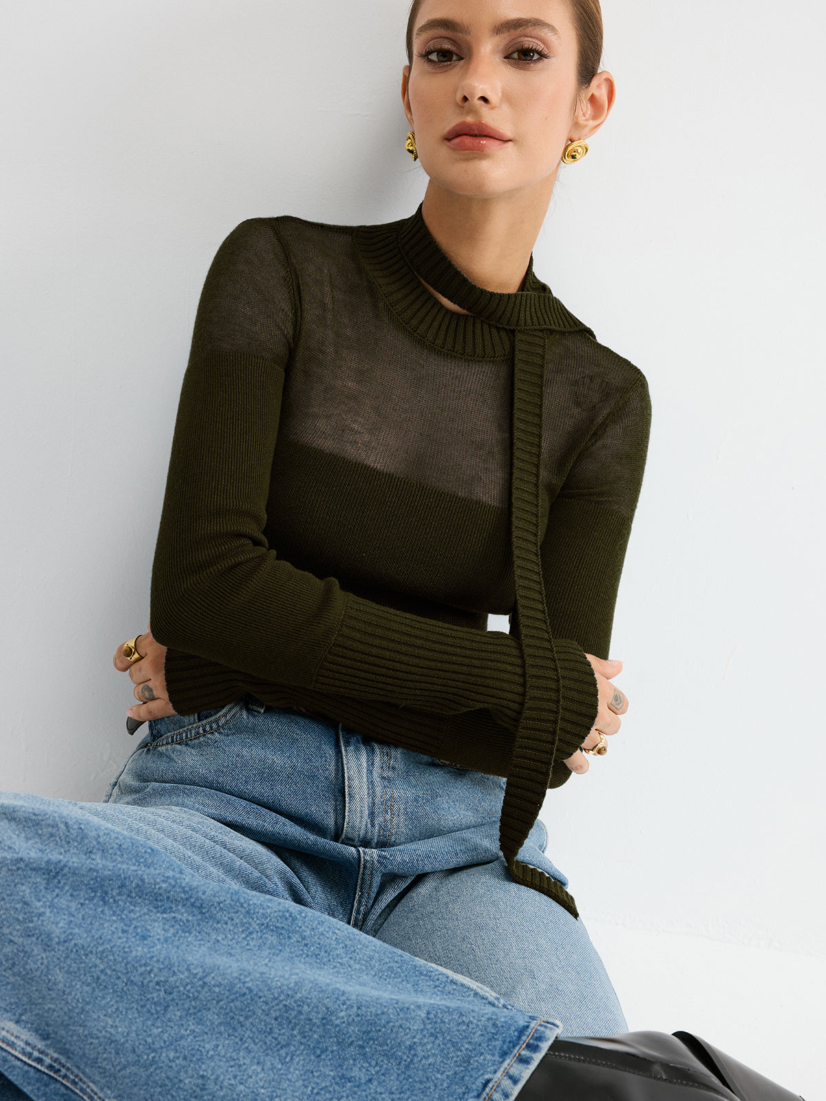 Sheer Panel Tie Neck Wool Blend Knit Top