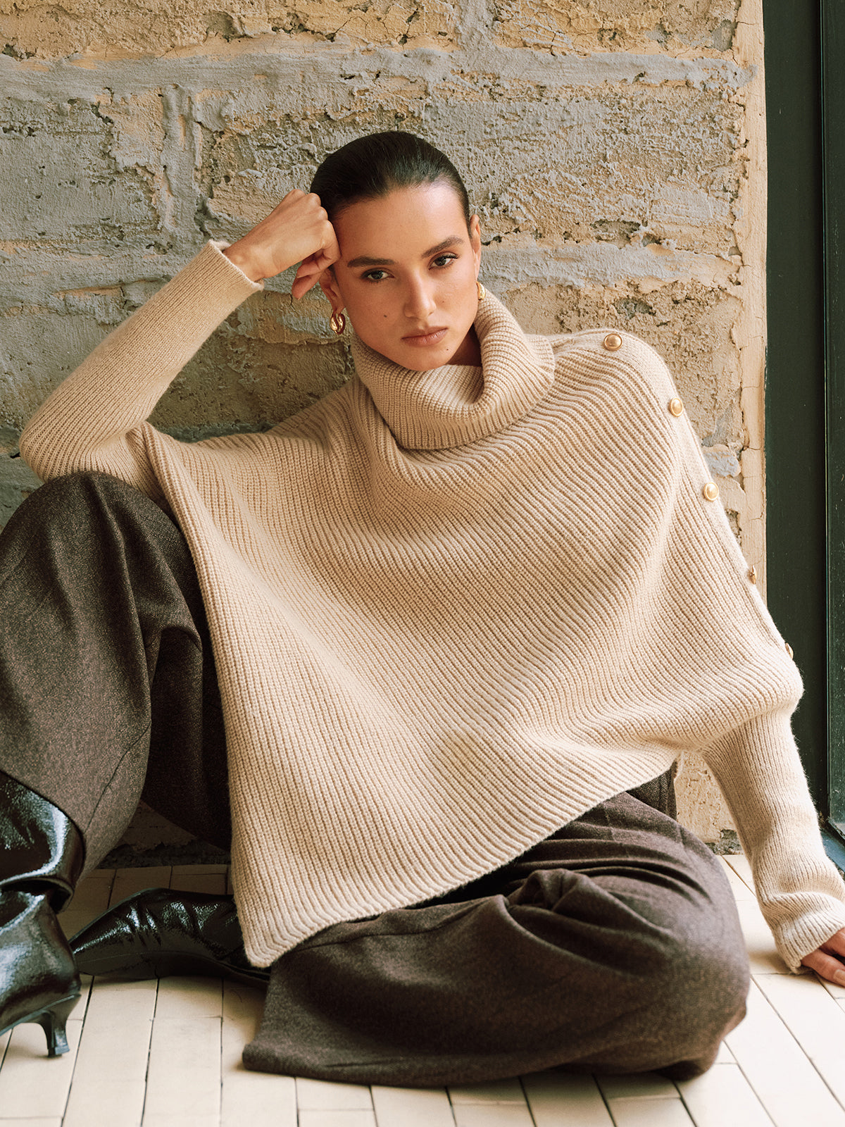 Metal Detail Turtleneck Poncho Sweater