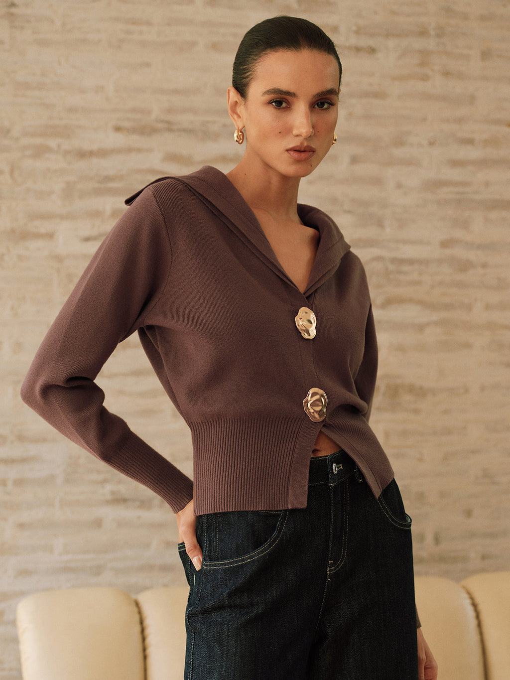 Metal Button Shawl Collar Knit Top