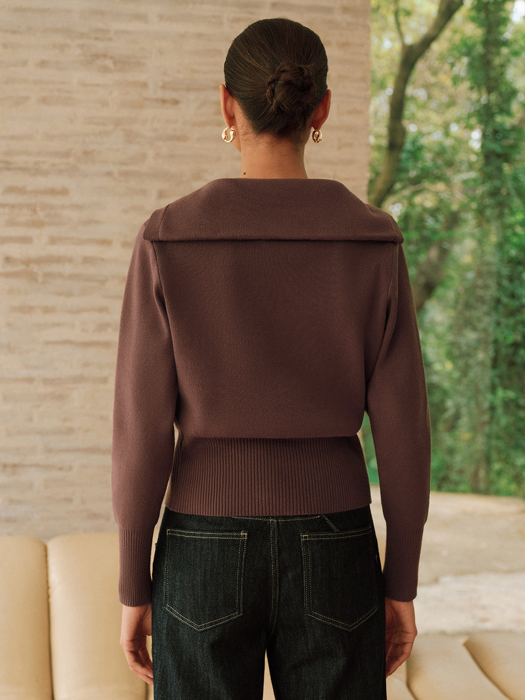Metal Button Shawl Collar Knit Top