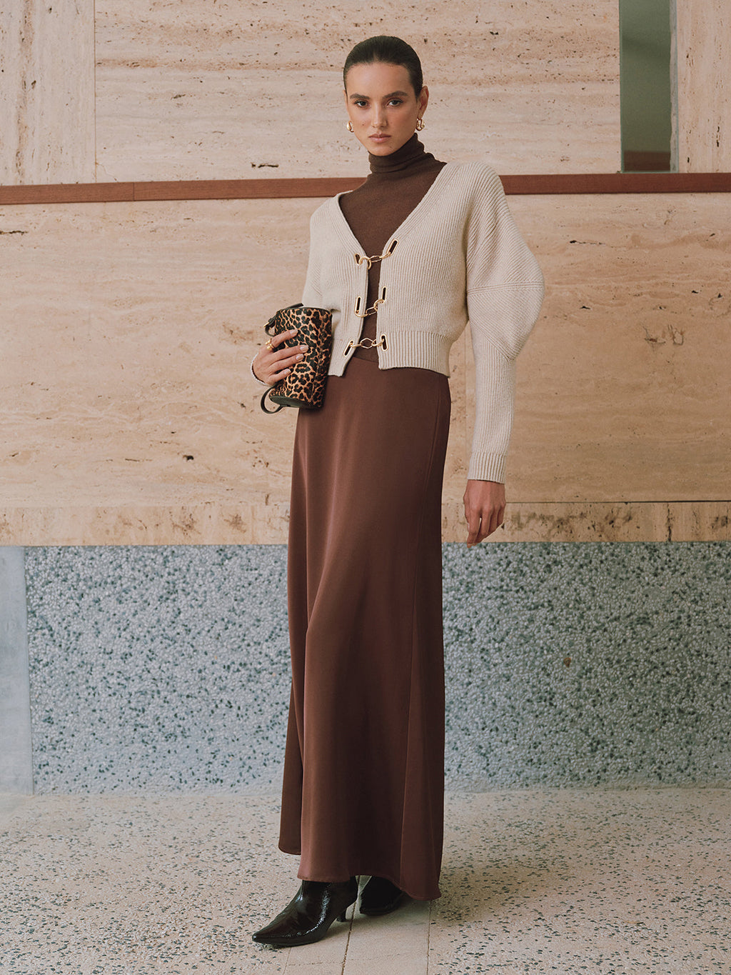 Puff Sleeve Chain Closure Knit Cardigan