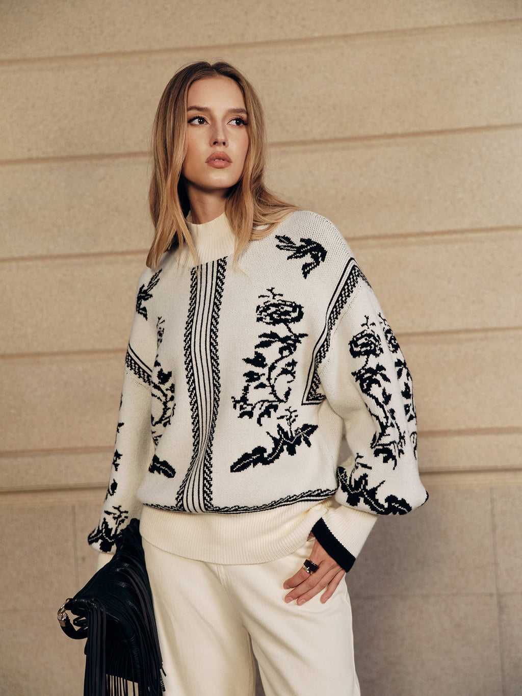 Floral Pattern Mock Neck Balloon Sleeve Sweater