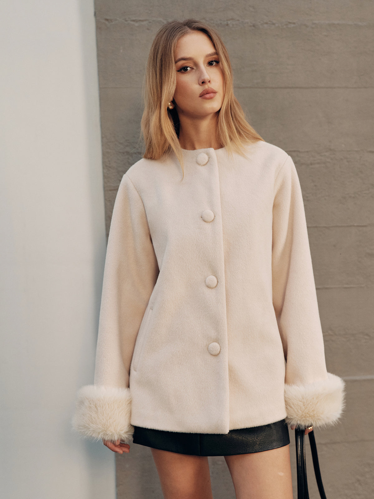 Faux Fur Cuff Wool-Blend Coat