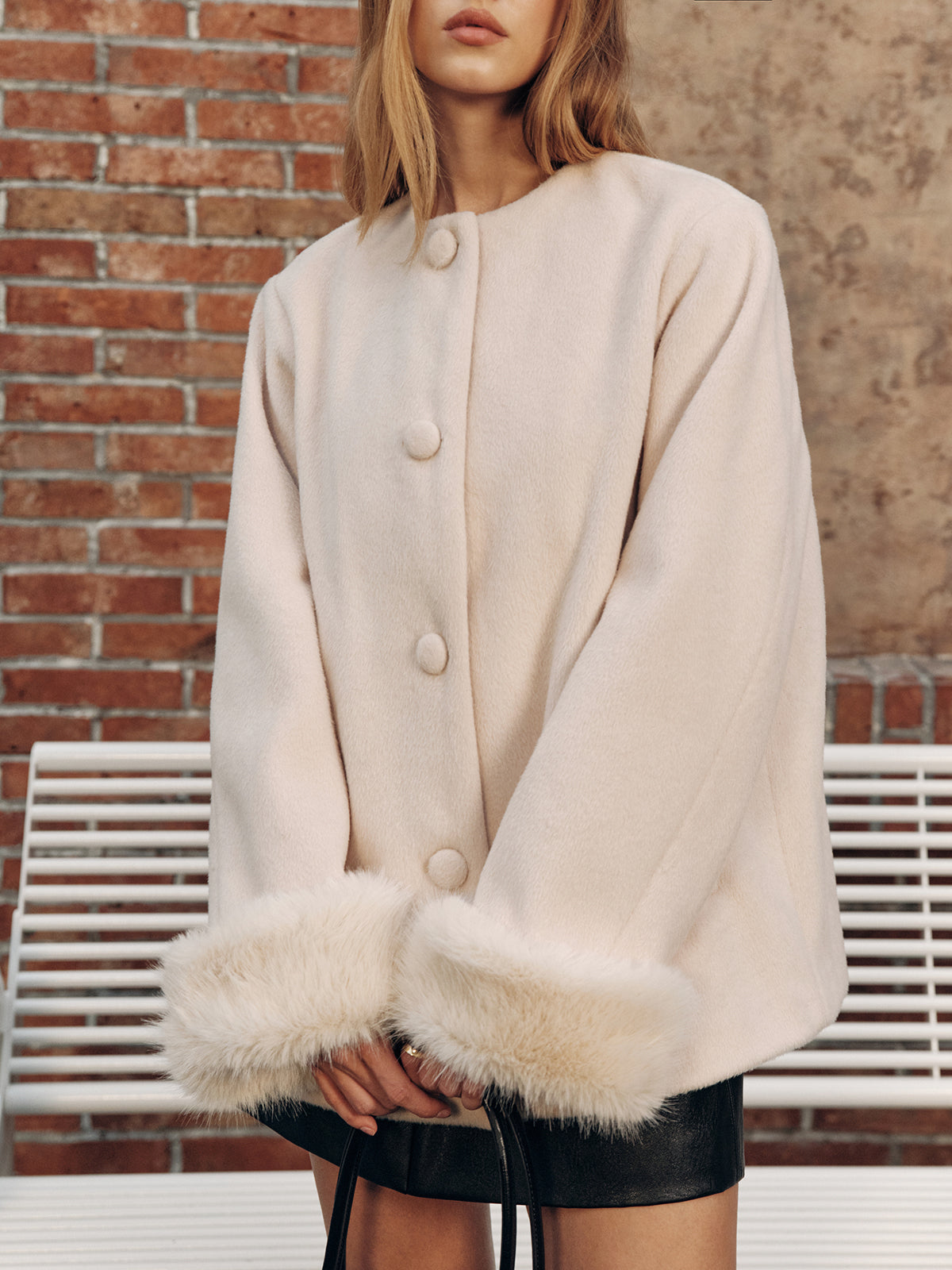 Faux Fur Cuff Wool-Blend Coat