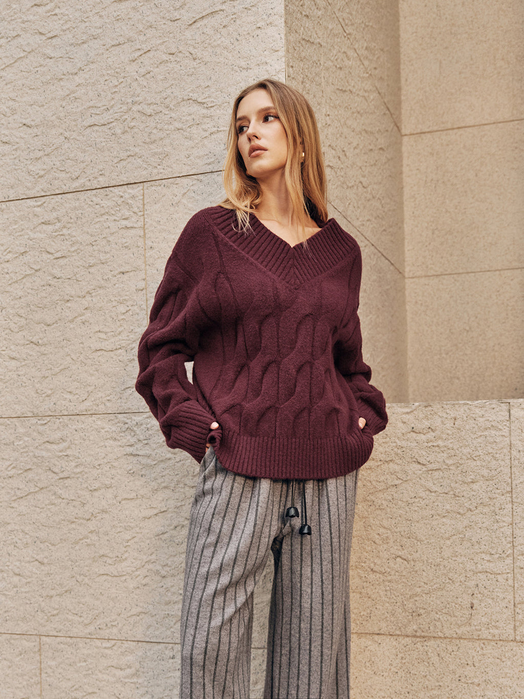 Wool-Blend Cable Knit Sweater