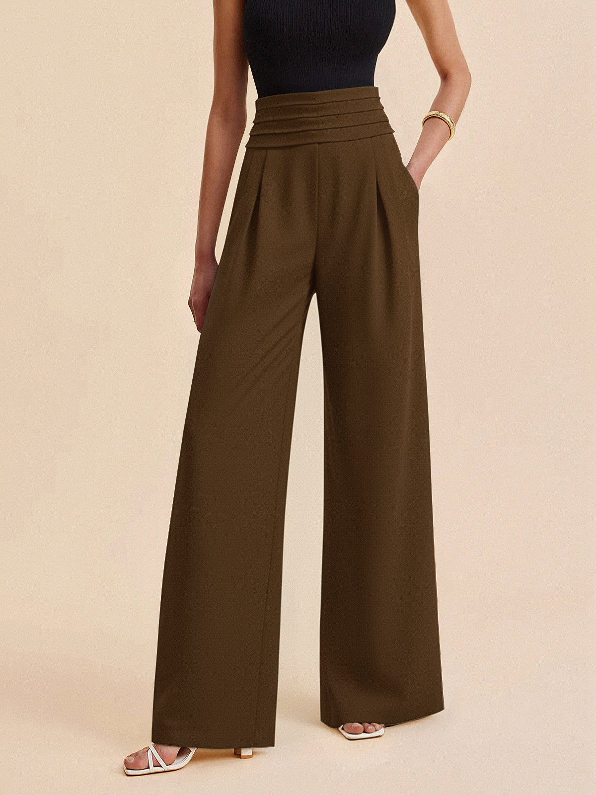 High-Waist Pleated-Waistband Wide-Leg Pants