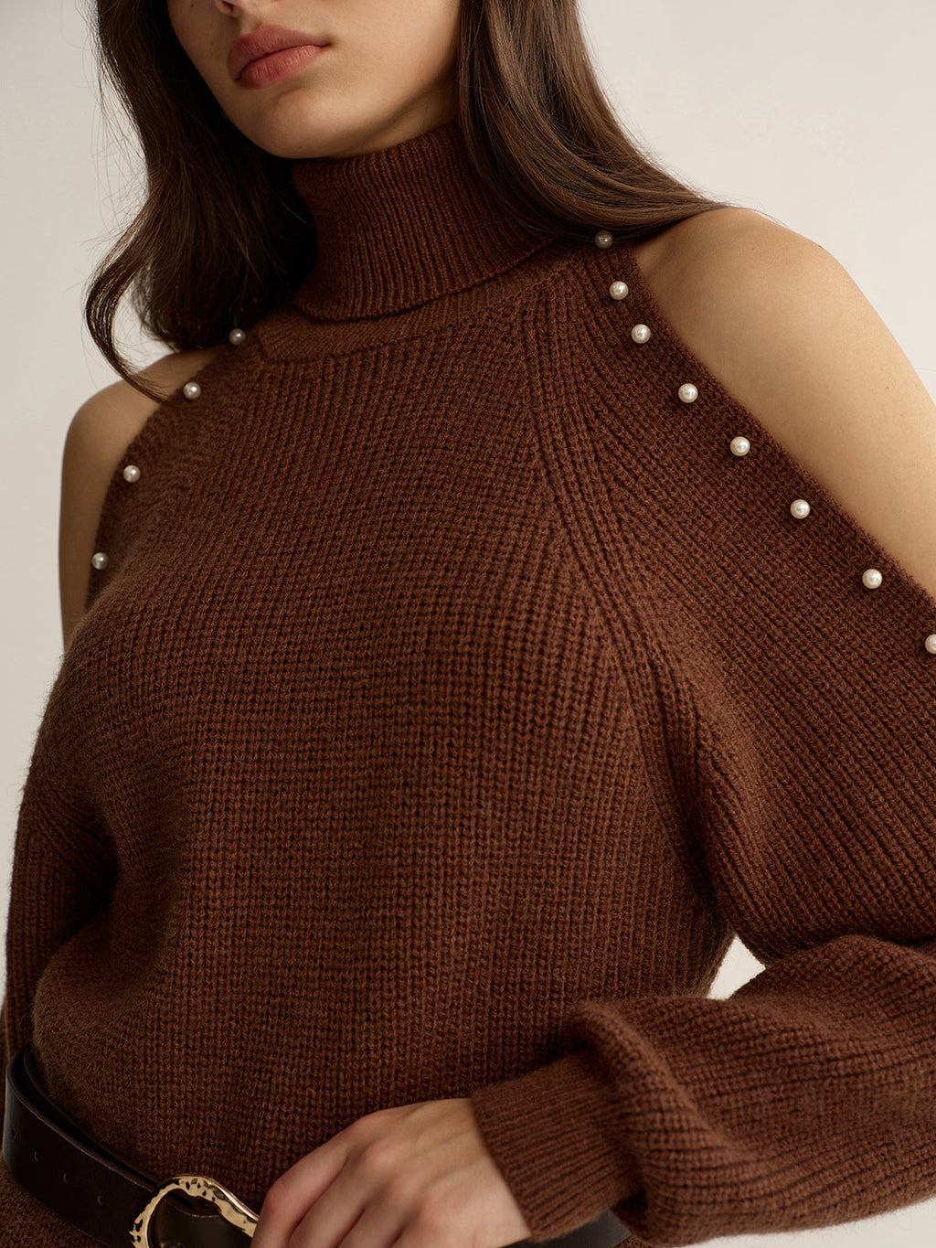 Belted Cold-Shoulder Turtleneck Knit Dress