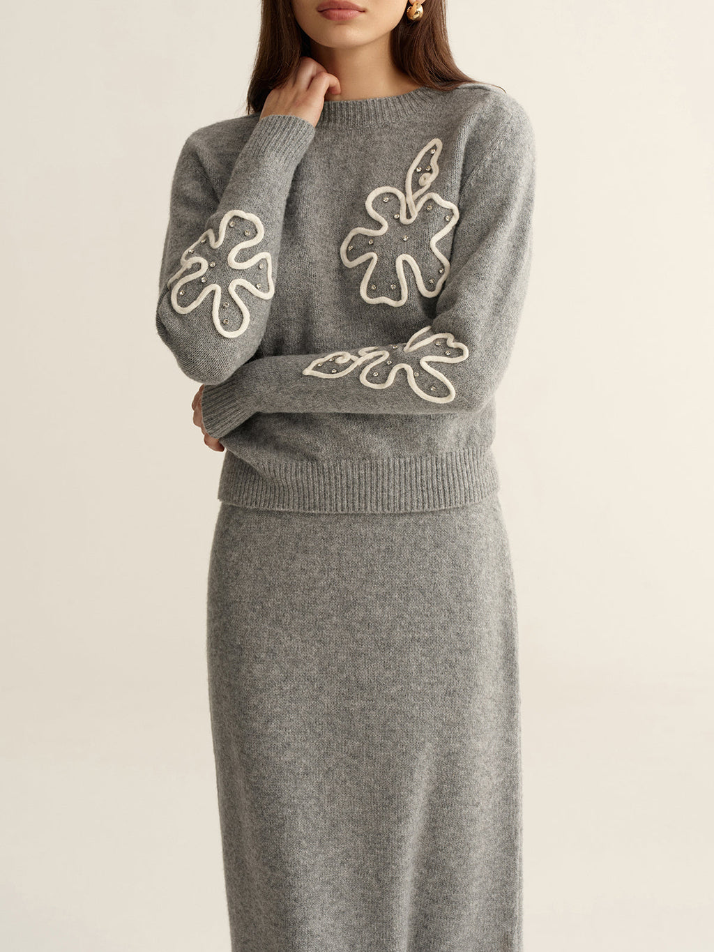 Floral Applique Sweater and Midi Skirt Set