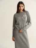 Floral Applique Sweater and Midi Skirt Set