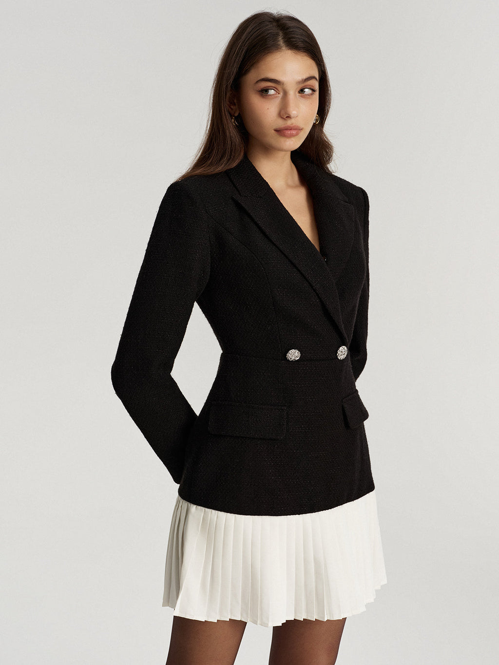 Tweed Double Breasted Pleated Hem Blazer Dress