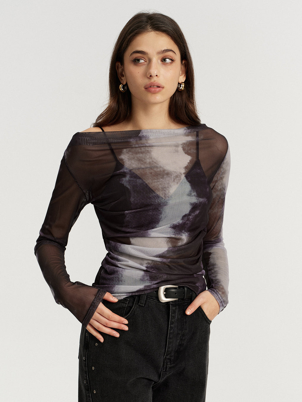 Mesh Tie-Dye Off-Shoulder Long Sleeve T-Shirt